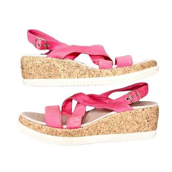 BZees SAndals Women's 11 Radiant Pink Strappy Cork Wedge Comfort Sole - Picture 1 of 8